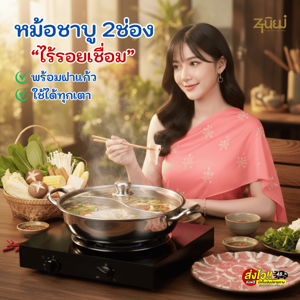 หม้อชาบู2 ช่อง พร้อมฝาแก้ว ขนาด 32/34 ซม.สแตนเลสแบบหนา (ไร้รอยเชื่อม) ใช้ได้ทุกเตา สำหรับเมนู  ชาบู  สุกี้ พร้อมส่งTH
