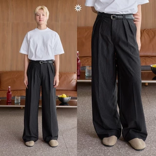 NORMAL.DAY BAGGY TROUSERS V.2 (ลายริ้ว)กางเกงทรงกระบอกใหญ่ ผู้ชาย ผ้าหนานุ่ม ยับยากรีดง่าย อยู่ทรงมีน้ำหนัก สำหรับคนสูง