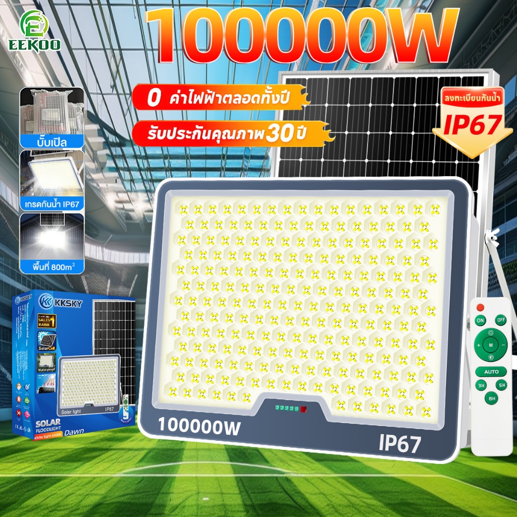 Eekoo⚡ซื้อ 1 แถม 1⚡ไฟโซล่าเซลล์ ไฟโซล่าเซล 100000W กันน้ำ กันฟ้าผ่า IP67 Solar Light LED โซล่าเซลล์ โซล่าเซลล์สปอตไลท์
