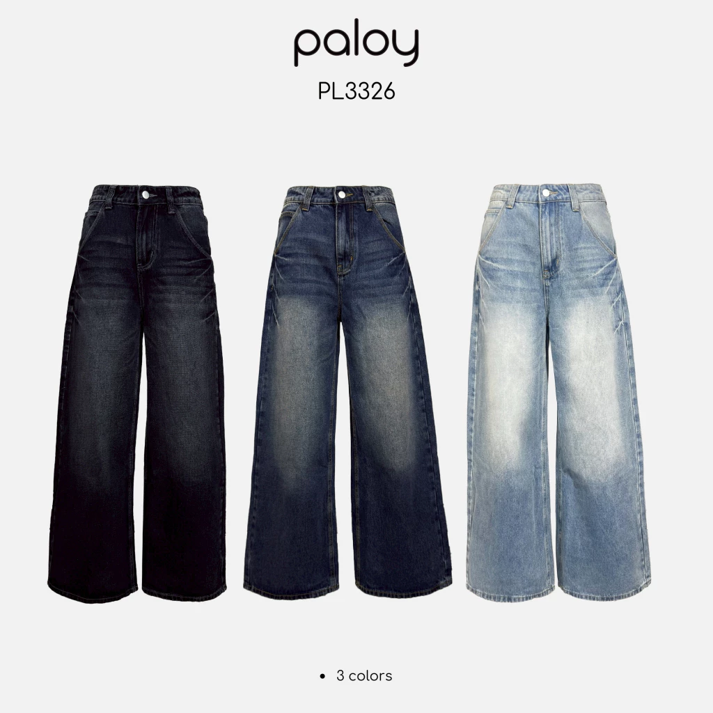 Paloy - PL3326 กางเกงยีนส์ขากระบอกใหญ่ ดีเทลกระเป๋าหน้าสายฟ้า