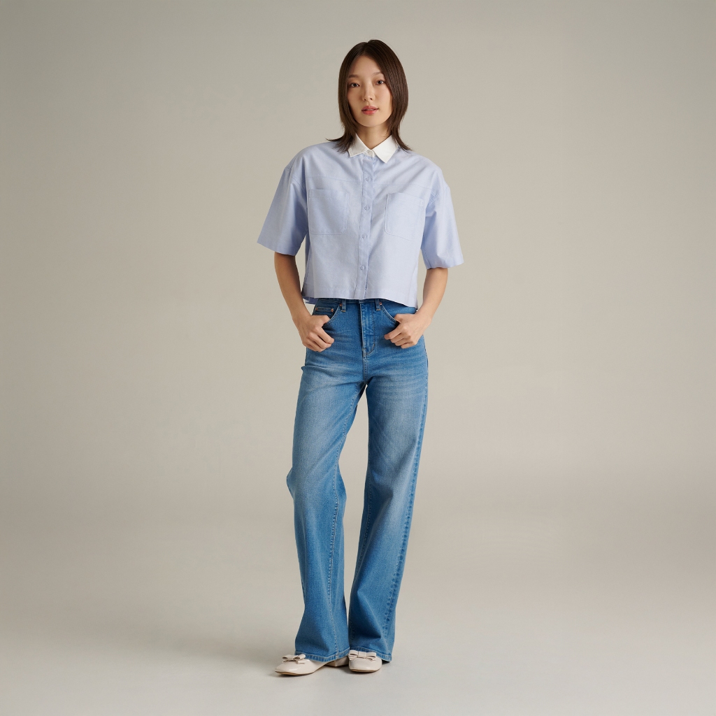 Mc JEANS เสื้อเชิ้ตผู้หญิง ทรงครอป แขนสั้น สีฟ้าอ่อน MWSZ291