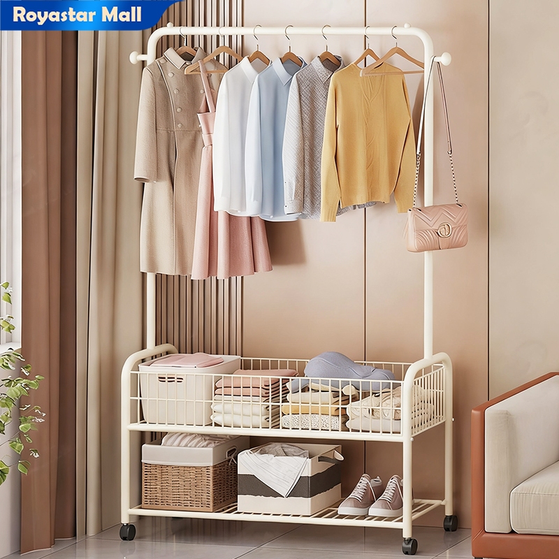 [เสาเเขวนหมวก+กระเป๋า] ราวแขวนผ้า ราวตากผ้า ที่แขวนผ้า ร้อมชั้นวางของด้านล่าง พร้อมเสาแขวนกระเป๋า ล้อล็อคได้ หมุนได้ 360