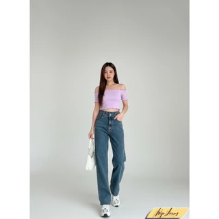 📌มีไซส์ใหญ่Sถึง5XL กางเกงยีนส์ผู้หญิงเอวสูงทรงกระบอกผ้ายืดขากว้างกระดุมคู่ Wide Leg Jeans High Waisted 😍 B046