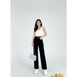 📌มีไซส์ใหญ่Sถึง5XL กางเกงยีนส์ผู้หญิงเอวสูงทรงกระบอกผ้ายืดขากว้างกระดุมคู่ Wide Leg Jeans High Waisted 😍 B046