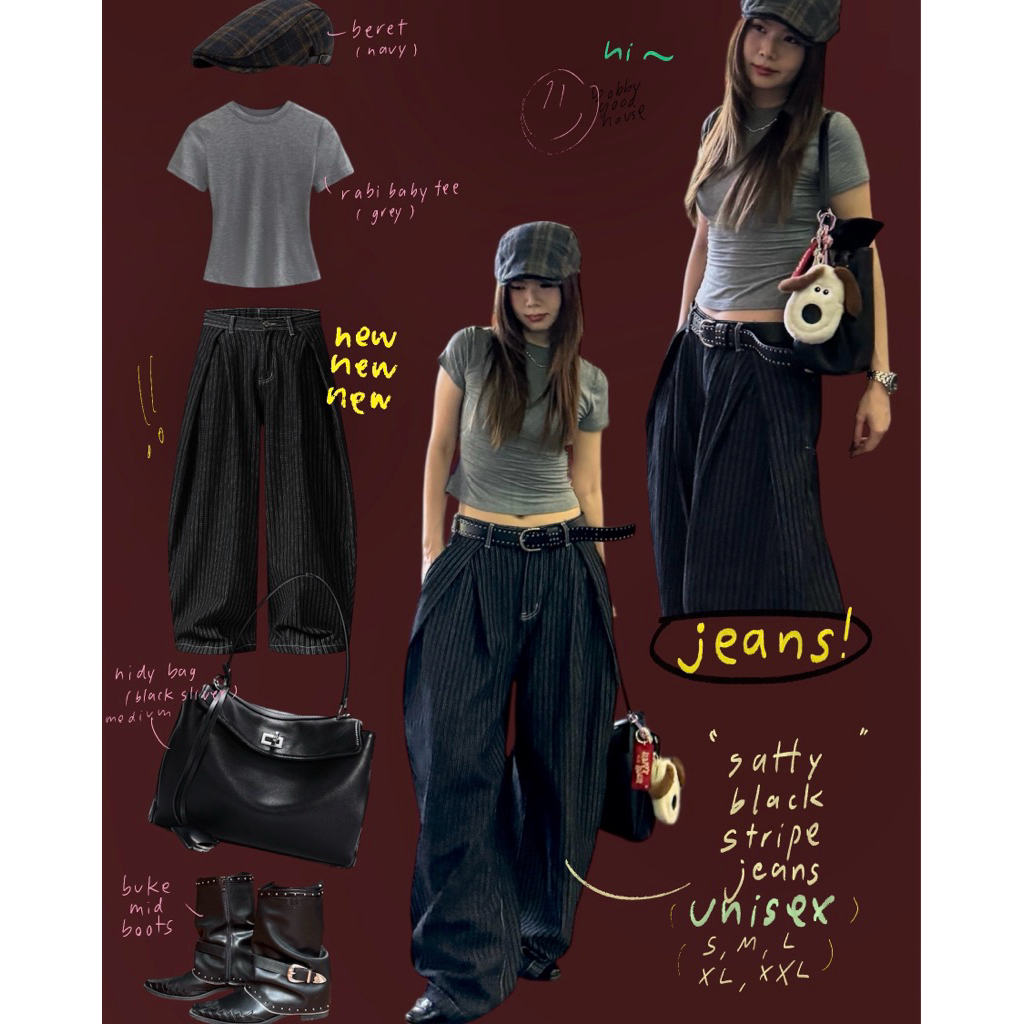 bobbygoodhouse | pre order SATTY BLACK STRIPE JEANS เกงยีนส์ลายทางตรง สีดำ ทรงบอลลูน ปลายขาไม่บาน