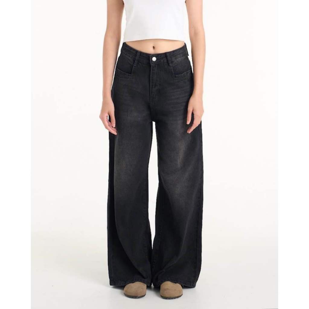 TEMTA - Shan Jeans - กางเกงยีนส์สีดำ ทรงกระบอกใหญ่ ทรงแบ็กกี้ Baggy Jeans พรางขาใหญ่ เอวสูง Wide Leg