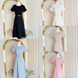 [LISA] A1231 ชุดเดรสกระโปรงยาวคอกลมแขนสั้นแต่งเข็มขัด ดีไซน์…