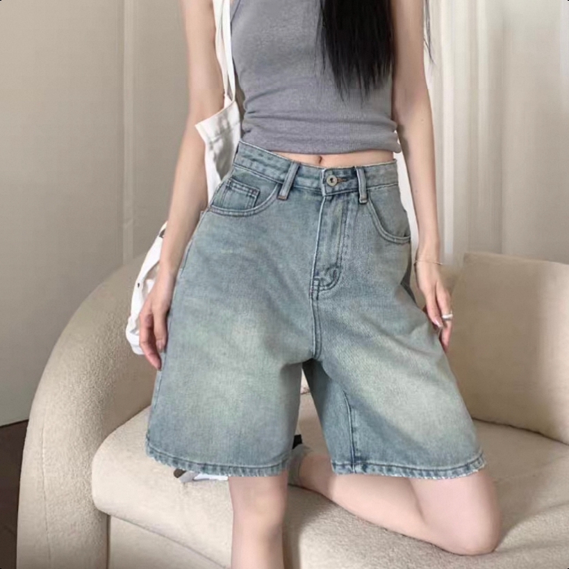 Aurae S-7XL กางเกงขาสั้นยีนส์เอวสูงสำหรับผู้หญิง ผ้าชนิดไม่ยืด