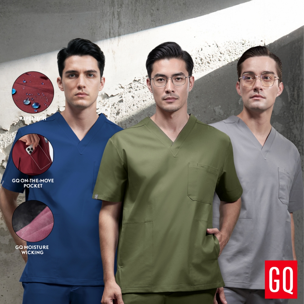 [ไม่ปักชื่อ] GQ Pro MED Men Scrub Premium Collection - เสื้อสครับผู้ชาย ผ้าสะท้อนน้ำ ใส่สบาย ยับยาก