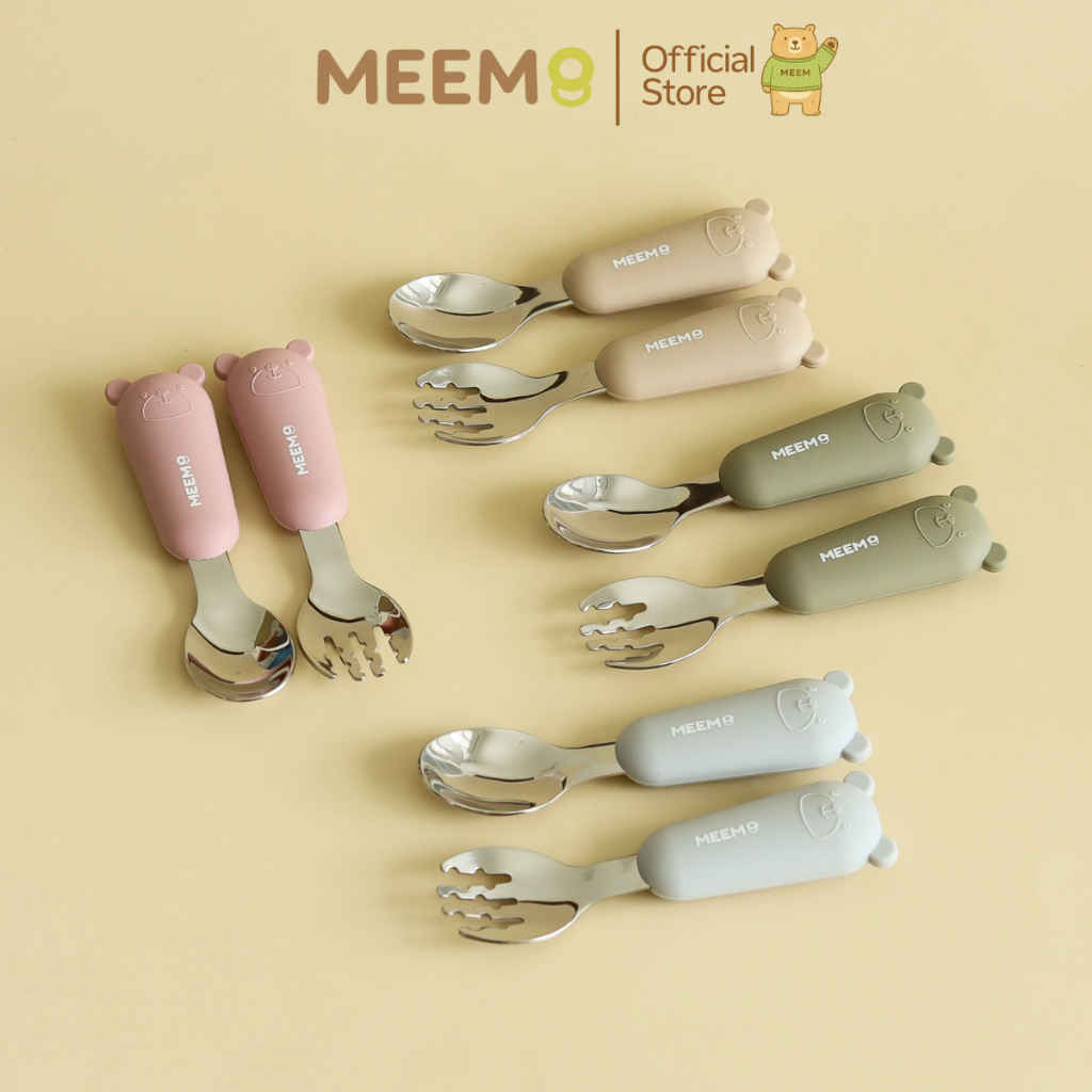 MEEM ช้อนส้อมสแตนเลสฝึกทานอาหาร ด้ามจับซิลิโคน รูปหมี ช้อนส้อมเด็ก รุ่น Little Bear (Minimal series)