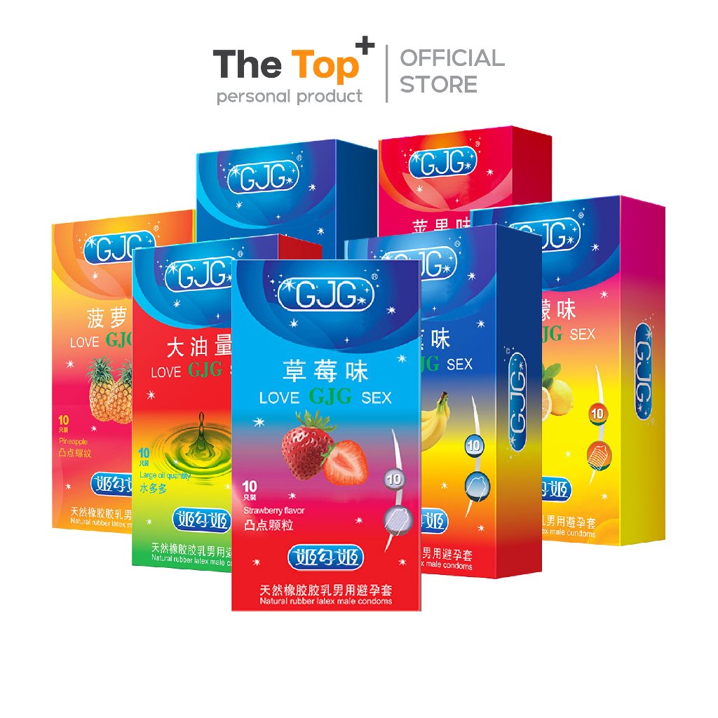 GJG ถุงยางกลิ่นผลไม้ สตรอว์เบอร์รี แตงโม แอปเปิ้ล กล้วย สับปะรด เลม่อน ชนิดเรียบ ปุ่ม เกลียว ไซส์ 52