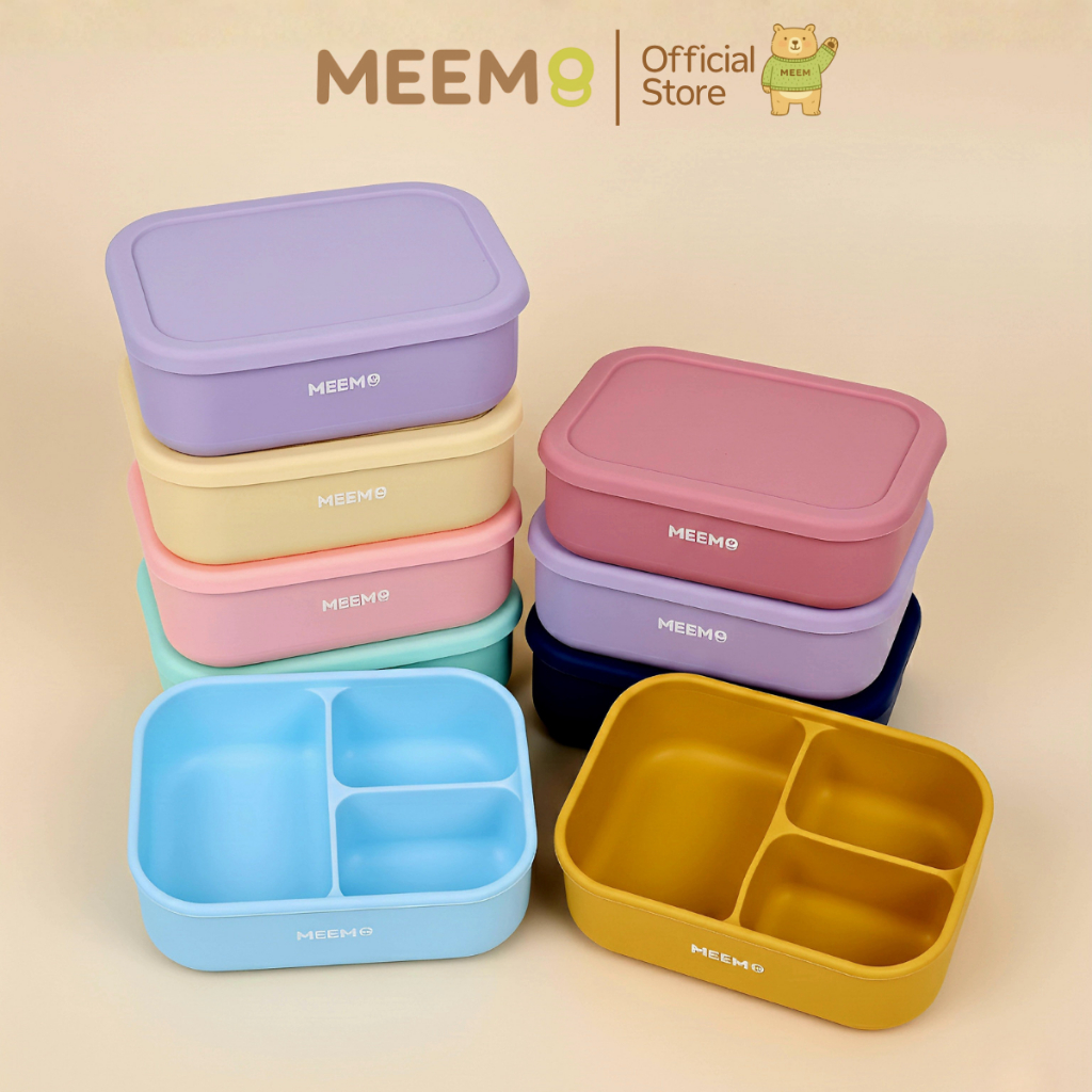 MEEM กล่องอาหารซิลิโคน แบ่ง 3 ช่อง พร้อมฝาปิด กล่องเก็บอาหารเด็ก กล่องข้าวเบนโตะ (Colorful Series)