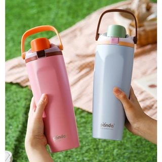 PANDA แก้วเก็บความร้อนสแตนเลส 900ML มาพร้อมกับที่จับ พร้อมหลอดดูด แก้วน้ำกลางแจ้ง/ในรถยนต์แบบพกพา