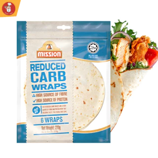 Low Carb Wraps Mission แป้งแรป reduced carb โปรตีนสูง ไฟเบอร์สูง (6 แผ่น / 270g) ฮาลาล
