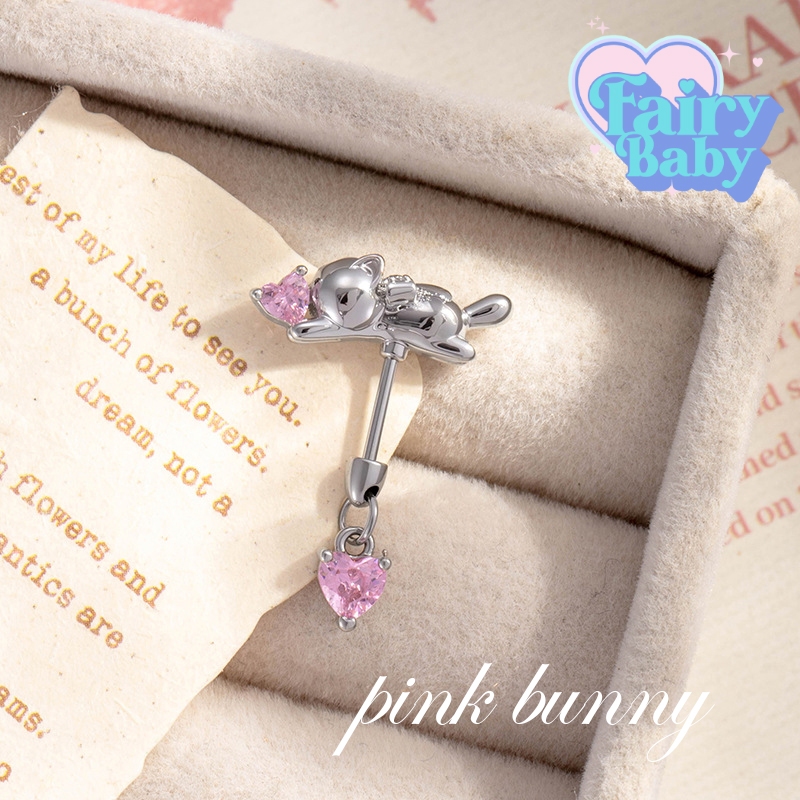 Fairybaby จิวPink Bunny Vertical( 1 ชิ้น ) แป้นแบน จิวตุ้มหู  แนวตั้ง น่ารัก มาใหม่ สีชมพู 0.8 (J3-083)