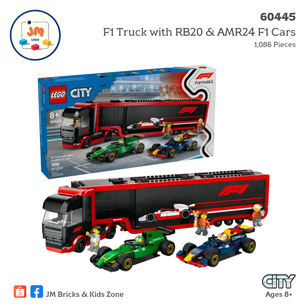LEGO City 60445 F1 Truck with RB20 & AMR24 F1 Cars (1,086 Pieces) สำหรับเด็กอายุ 8 ปีขึ้นไป Brick