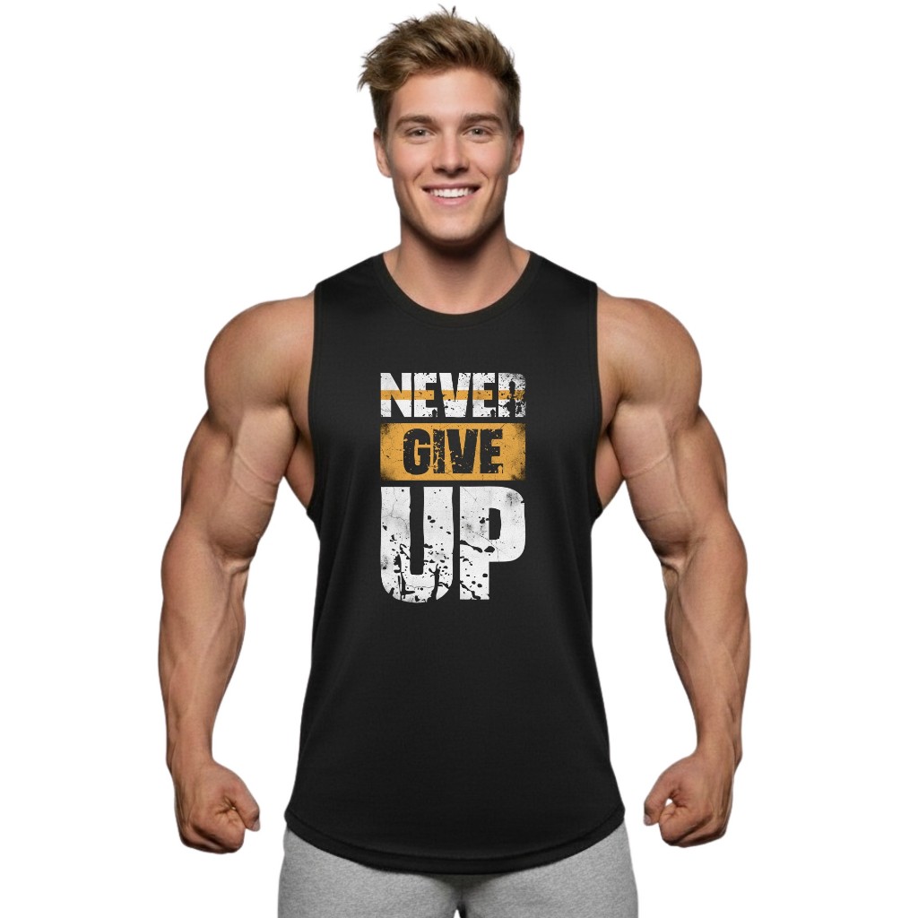 NEVER GIVE UP เสื้อแขนกุดเว้าแขนกว้าง Drop Arm Sleeveless Muscle Shirt