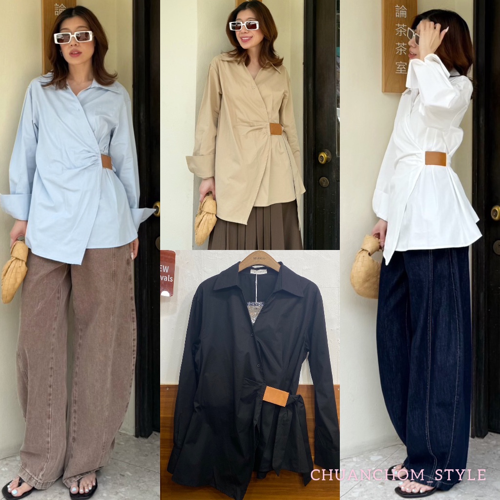 🔖StudioX2 #25461 Draped Cotton Shirt White Leather Patch Detail เสื้อเชิ้ตทรงwrap คอปก ดีเทลป้ายหนังจับจีบผูกข้างตัว