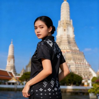 [จัดส่งภายใน 1-3 วัน] เสื้อโปโลผู้หญิงสีดำ เสื้อเชิ้ตติดกระด…