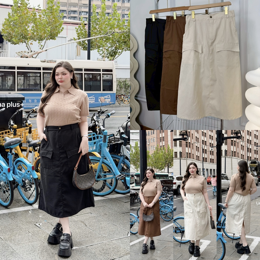 กระโปรงยาว Y2K ดีเทลผ่าหลัง กระเป๋าด้านหน้าใช้งานได้จริง เสื้อผ้าสาวอวบอ้วน พลัสไซส์ ไซส์ใหญ่ LP