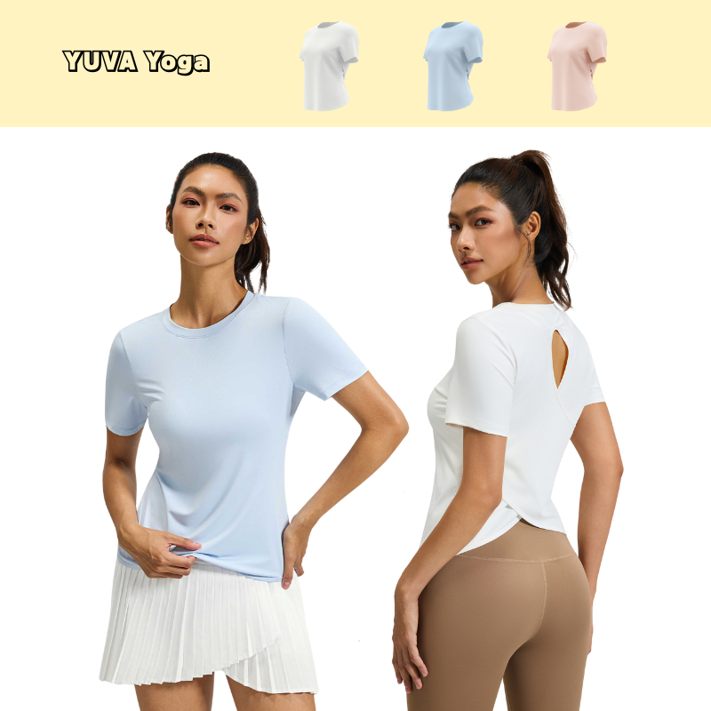 เสื้อกีฬาแขนสั้น เสื้อโยคะแขนสั้น ดีไซน์เว้าหลังไขว้ หลังสวย คอกลม แห้งไว เนื้อผ้านุ่ม เหมาะกับกีฬา ฟิตเนส Yoga Sport
