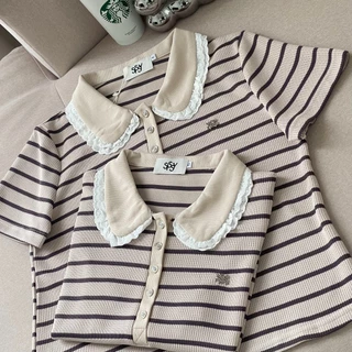 SISSY : เสื้อโปโลแขนสั้น (XS-XXL) คอบัวแต่งขอบลูกไม้ 2 ชั้น ปักอะไหล่เงิน ผ้าถัก cotton แมทซ์ง่ายทุกลุค