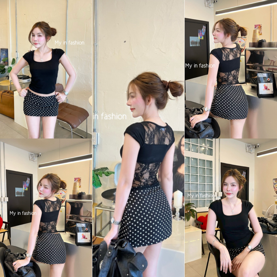 💕ShopBypuy💕เสื้อลูกไม้แขนสั้นโชว์หลังอกเสริมฟองน้ำ