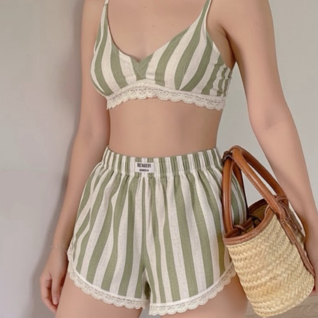 Stripe  bralette+shorts (ผ้าลินินคอตตอนมีซับ)