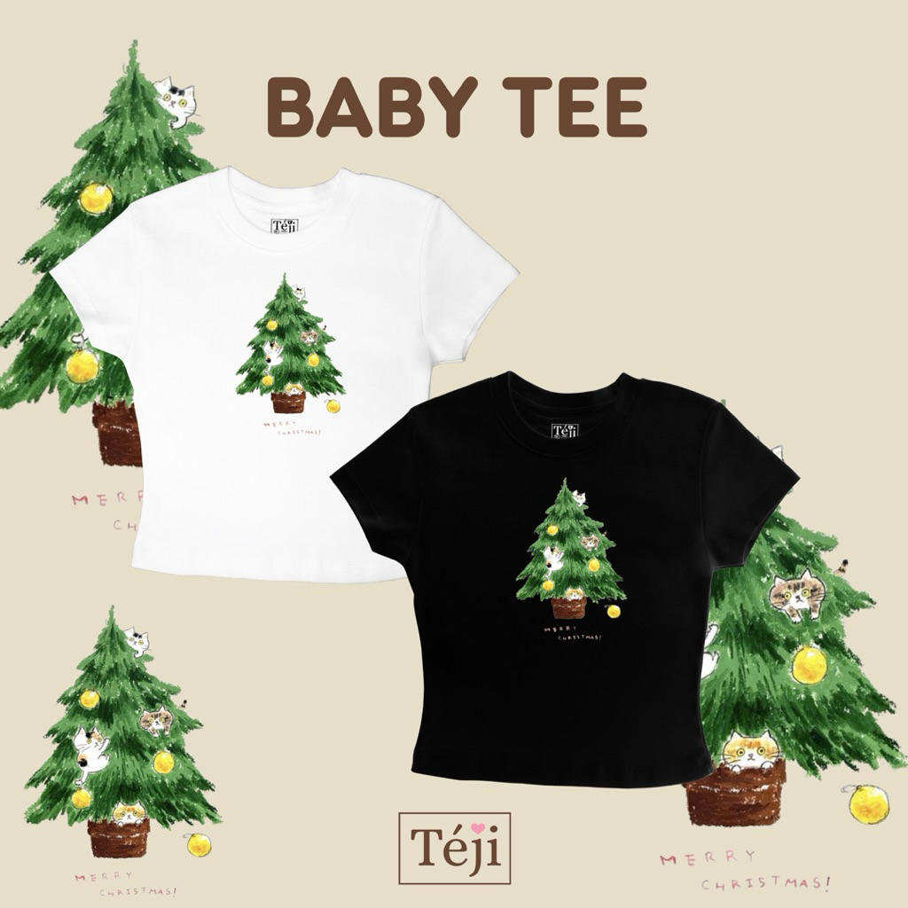 Téji025 - Hristmas tree and cat - เสื้อ Baby tee เบบี้ที