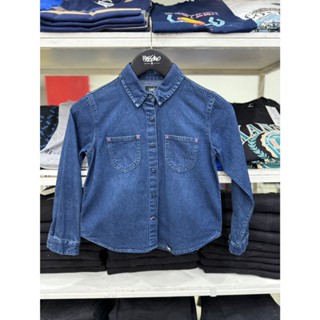 เสื้อเชิ้ตแขนยาวเด็กผู้หญิง ผ้ายีนส์ สีเข้ม ดีเทลปักสีชมพู ค…