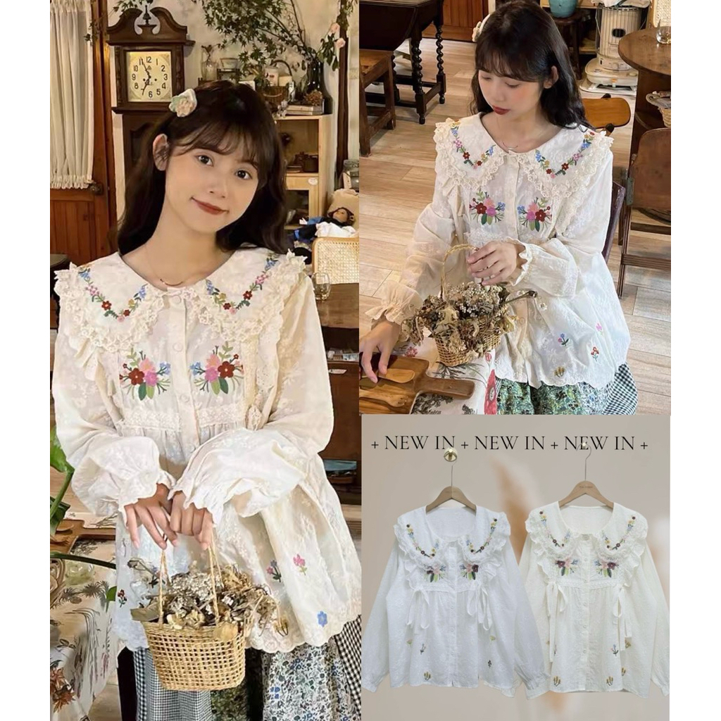 เสื้อลูกไม้คอตตอลปักฉลุแขนยาวผ้าปักสวยด้านหน้าแต่งแถบลูกไม้ ปักดอกไม้เพิ่มด้านหน้า