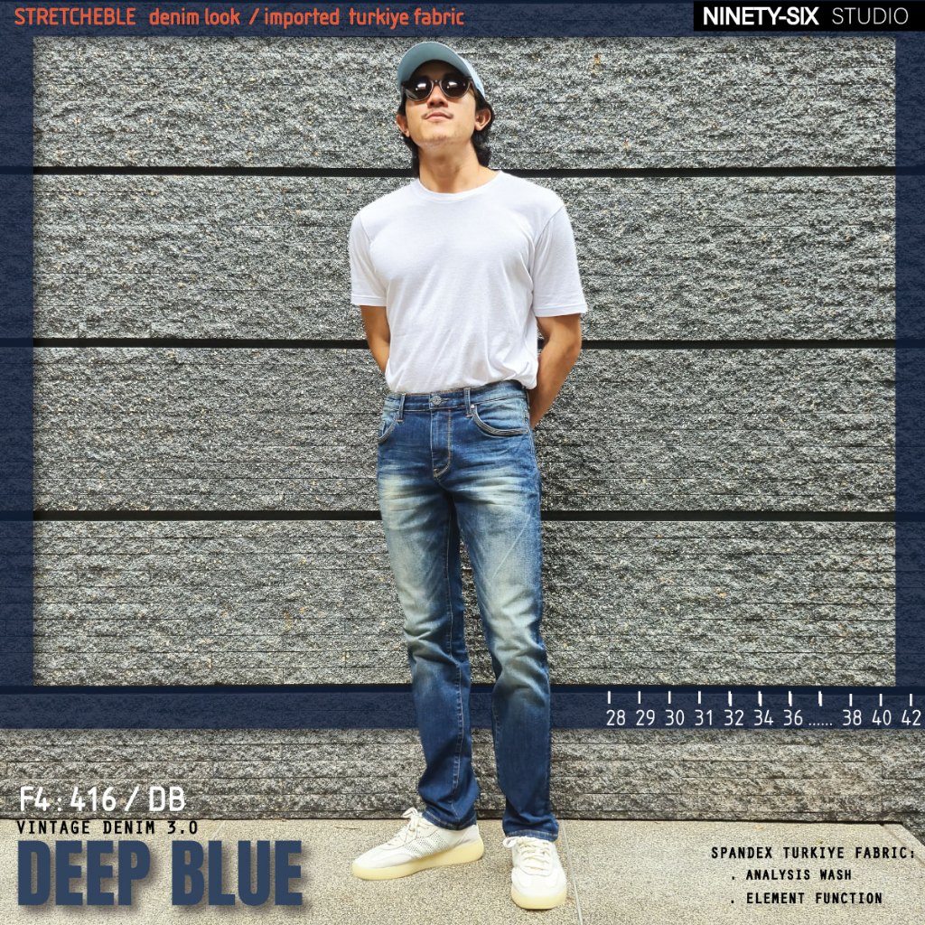 F4-416 / DB DEEP BLUE สีสนิม ดีปบลู กางเกงยีนส์ผ้ายืด ทรงกระบอกเล็ก ปลายขา 7" Man ผู้ชาย Jeans Cloth