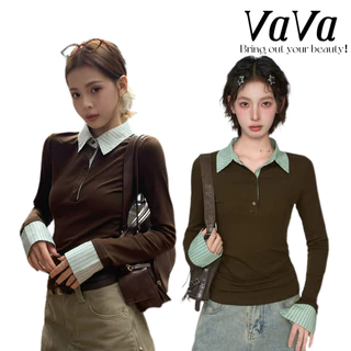 VaVa【ในสต็อก】เสื้อยืดแขนยาวทรงสลิมฟิตสำหรับผู้หญิง ฤดูใบไม้ร่วง/ฤดูหนาว ปี 2026 มาพร้อมดีไซน์ที่เป็นเอกลักษณ์และทันสมัย