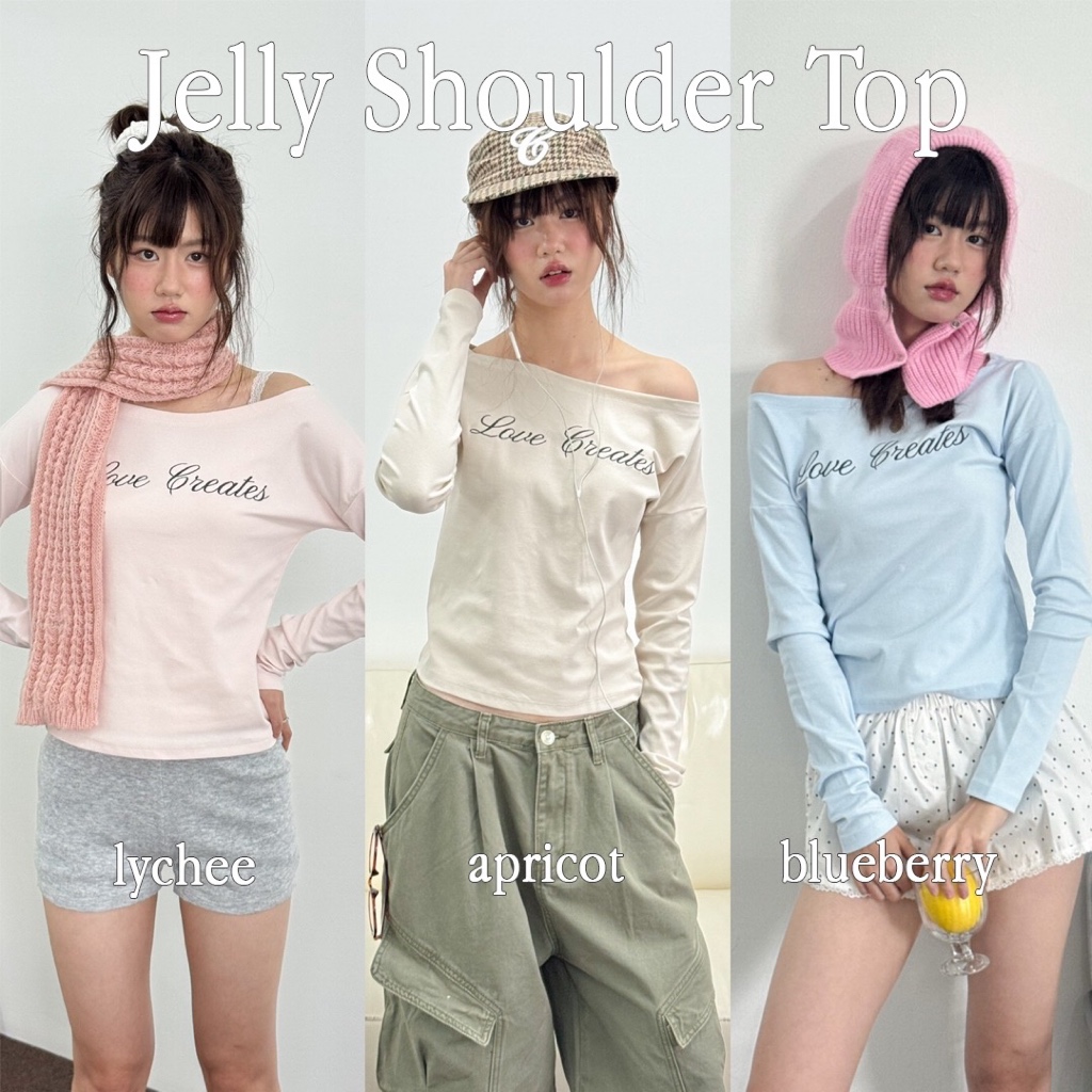 Choosedress A2028 Jelly Shoulder Top เสื้อเเขนยาวปาดไหล่ ปักลายตัวอักษร