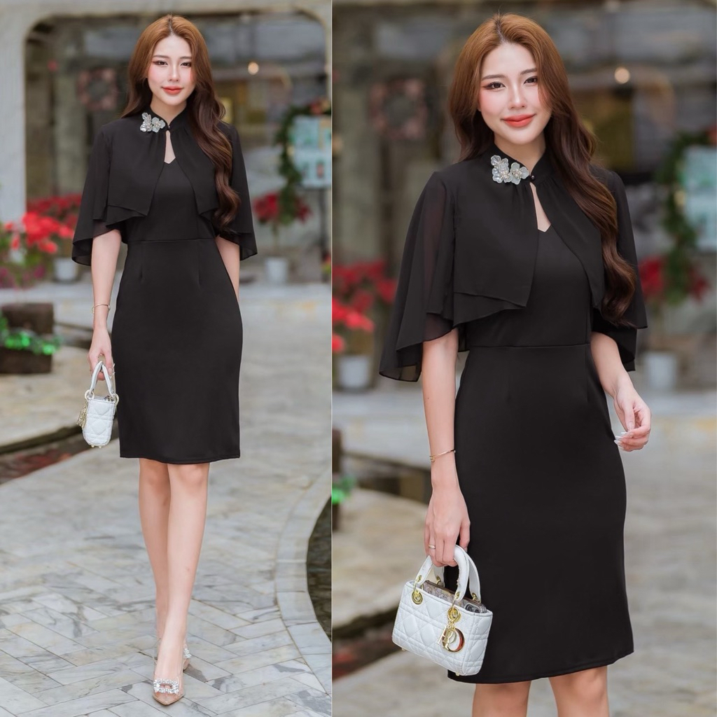 225 เดรสคอวีแขนกุดแต่งผ้าคลุมไหล่+เข็มกลัดดอกไม้