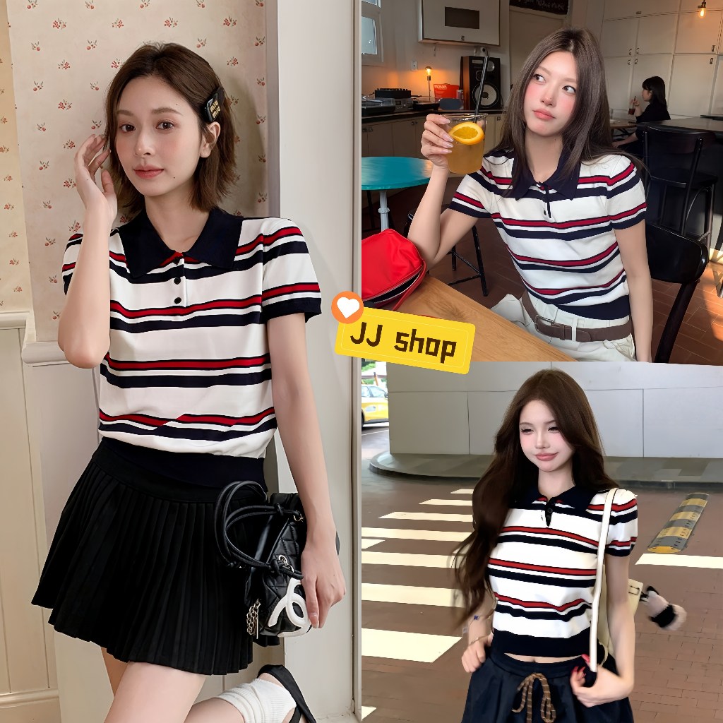 JJ shop💜 พร้อมส่ง เสื้อครอปแขนสั้น คอปก ผ้าไหมพรม ใส่สบาย ดีเทลลายสไตล์เกาหลี น่ารักมาก "W-K085"