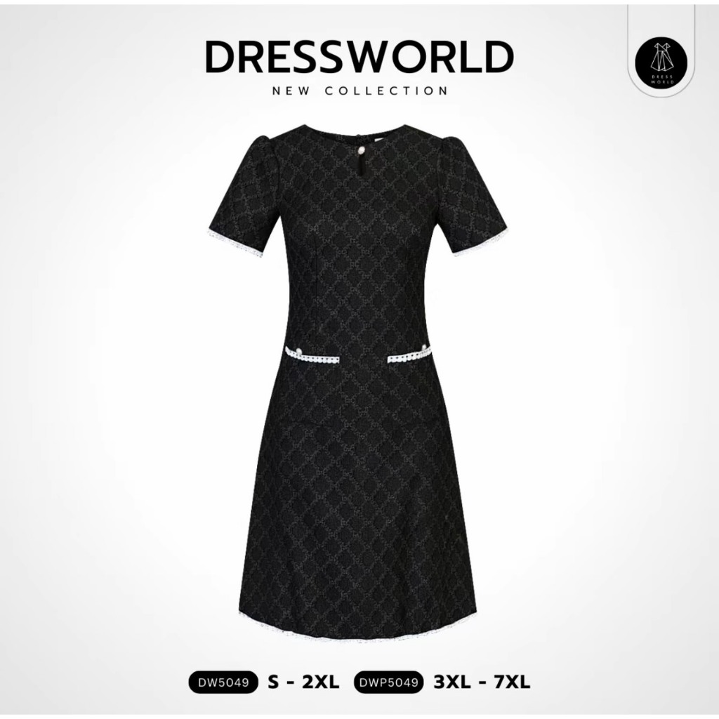 พร้อมส่ง **เผื่อไซส์ {S-7XL} 5049 งานป้าย Dress World เดรสสั้นทรงเอ กระเป๋าใช้งานได้จริง เดรสทำงาน