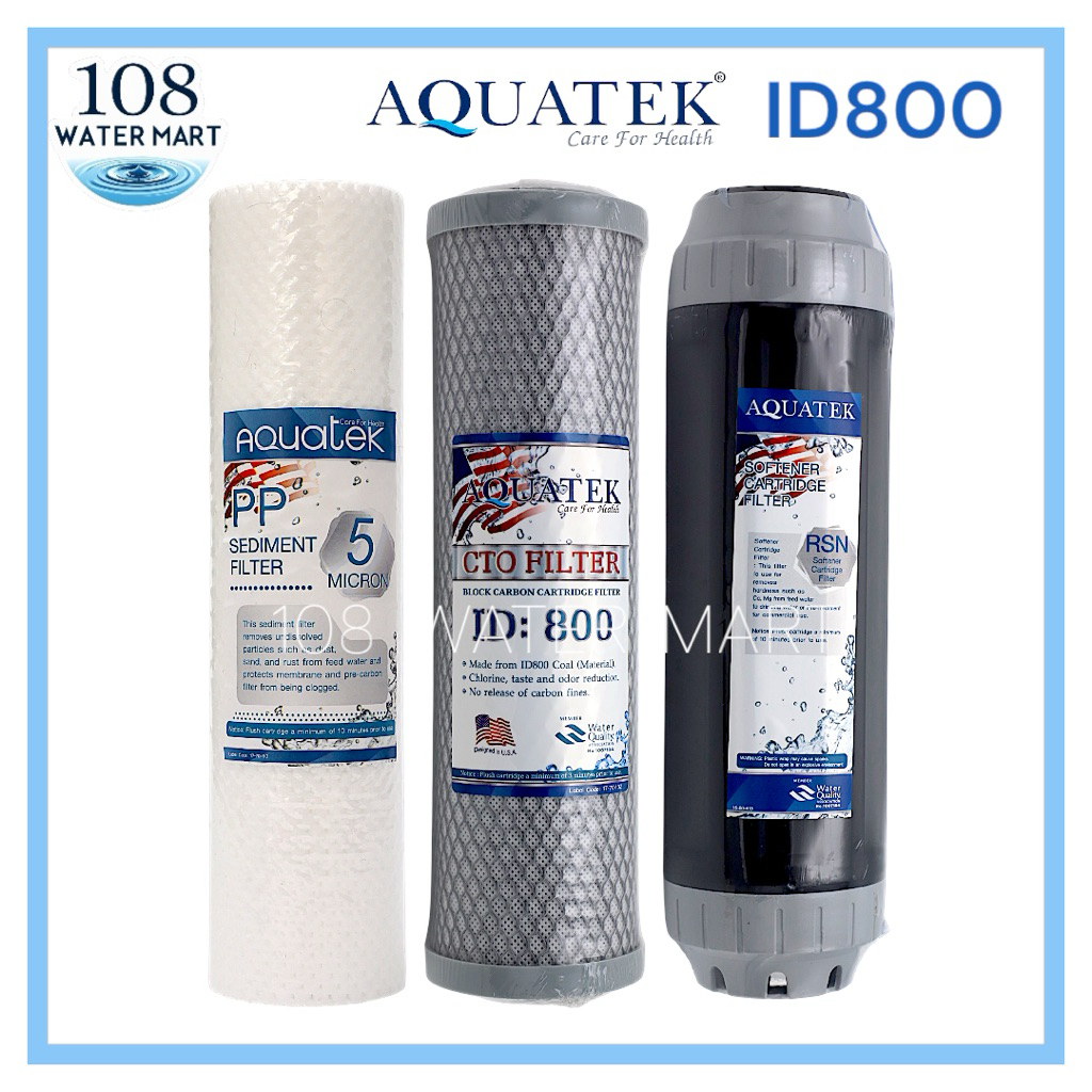 ชุดไส้กรองน้ำ 3 ชิ้น Set 6 พีพี  Aquatek Silver คาร์บอนบล็อค iD800 ID1050 CCK Omnipure เรซิน ฟู้ดเกรด เทา ขนาด 10 นิ้ว
