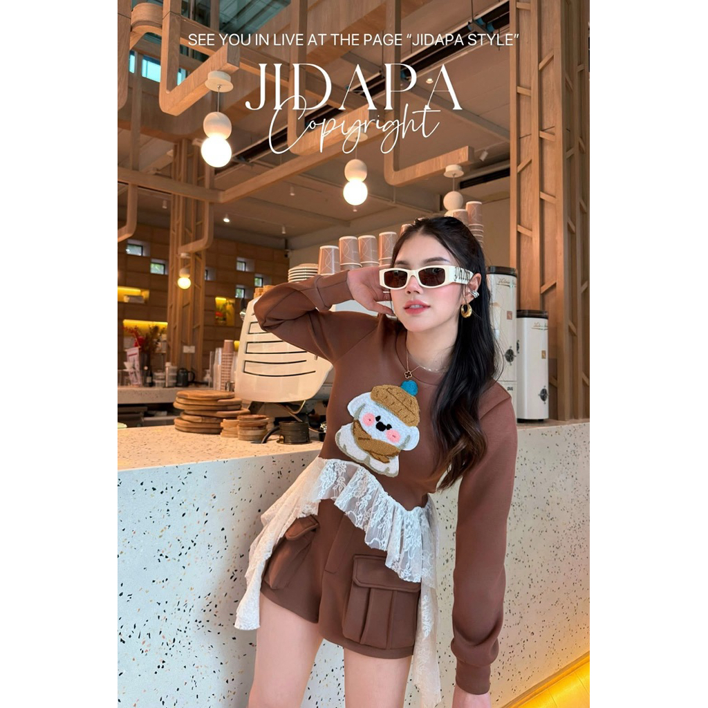 ✨พร้อมส่ง✨ชุดวอร์มขาสั้น สีน้ำตาล ไซส์ S ป้าย Jidapa style ร้าน Jidapa