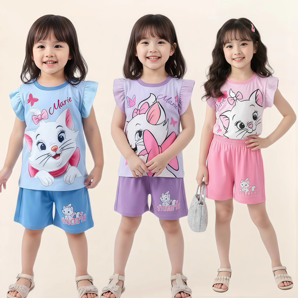 AY107 ชุดเซ็ตเสื้อกางเกง ลายแมวผูกโบว์ สีหวานๆ น่ารักมากๆ ผ้านิ่ม ใส่สบาย