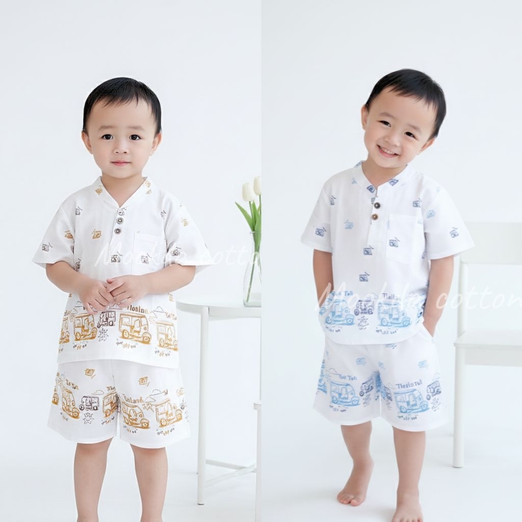 ชุดผ้าฝ้ายคอจีนเด็ก พิมพ์ลาย เนื้อนิ่มใส่สบาย ลายตุ๊กตุ๊ก