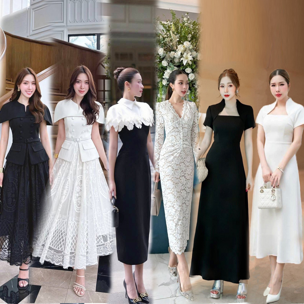 S-XXL✨ชุดเดรสสีขาว,สีดำ  ชุดทำบุญ  ชุดหมั้น ชุดไปงานแต่ง งานบวช ชุดไปงานศพ #Rattana