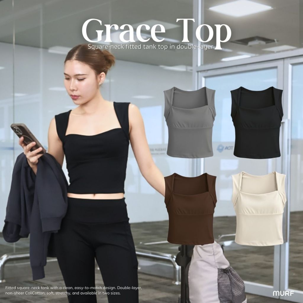 Grace Top - เสื้อคอเหลี่ยม ทรงเข้ารูป ผ้า 2 ชั้น Colicotton ผ้ายืดนุ่ม ใส่สบาย ไม่บาง | MURF.BKK | Square neck Tank Top