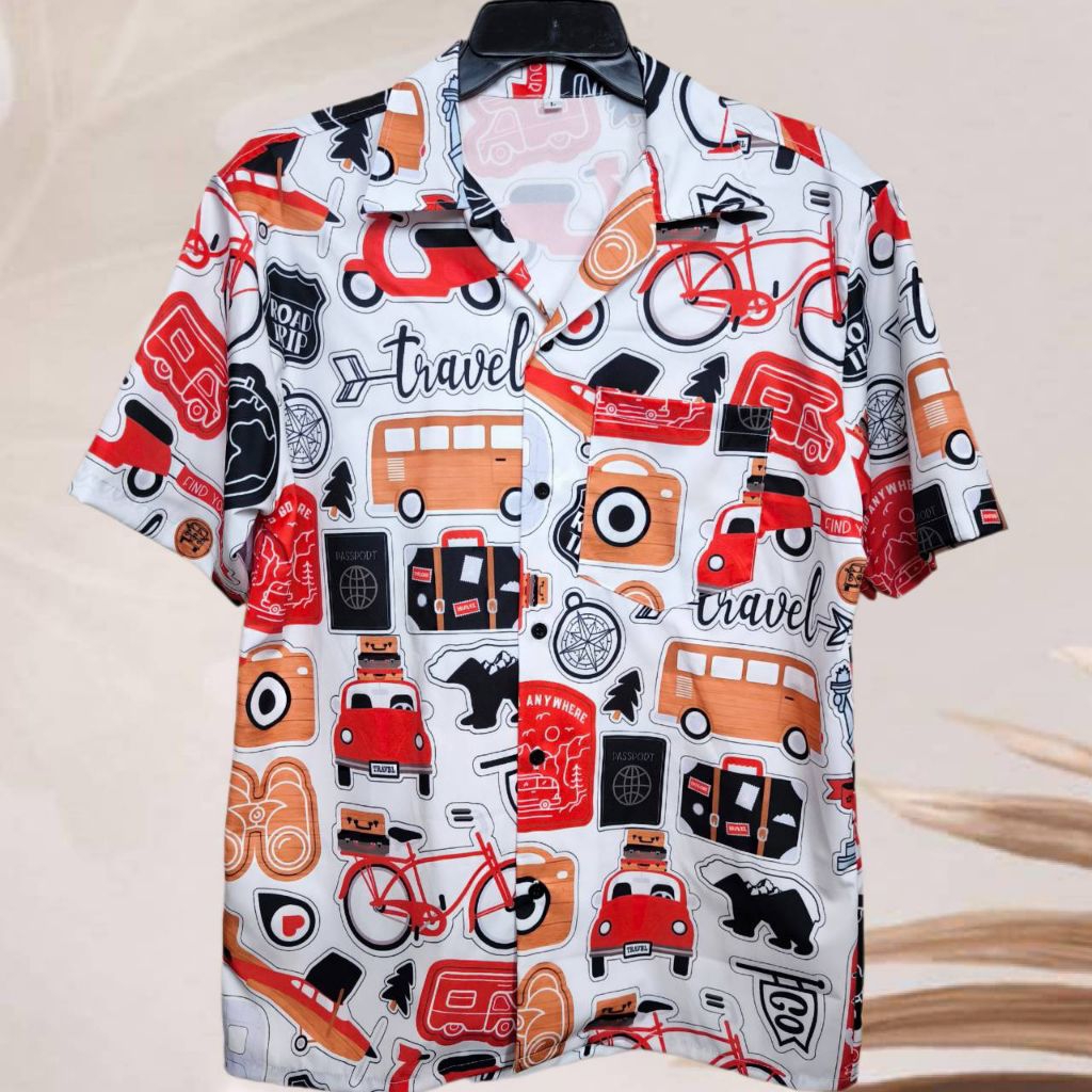 เสื้อเชิ้ตฮาวาย ลายมินิมอล Traval  (พื้นสีขาว) ผ้าไหมอิตาลี