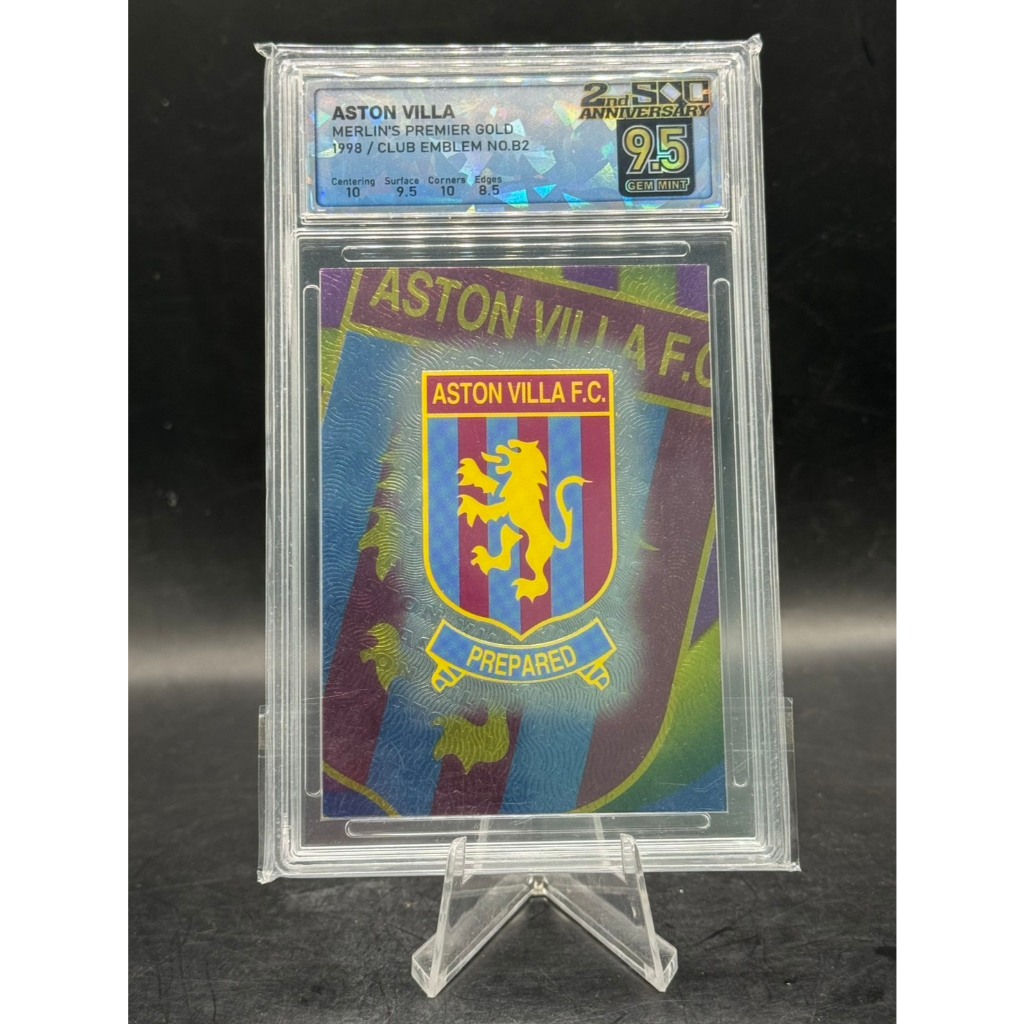 **SQC 9.5 GEM MINT Aston Villa 1998 Merlin's Premier Gold Club Emblem B2 Vintage Insert**