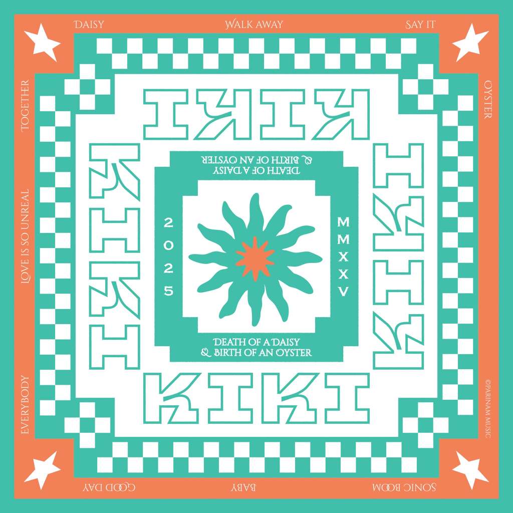 Bandana พิมพ์ลายวง KIKI ลายอัลบั้ม DEATH OF A DAISY & BIRTH OF AN OYSTER (2025) - ผ้าสีส้ม/เขียวอ่อน