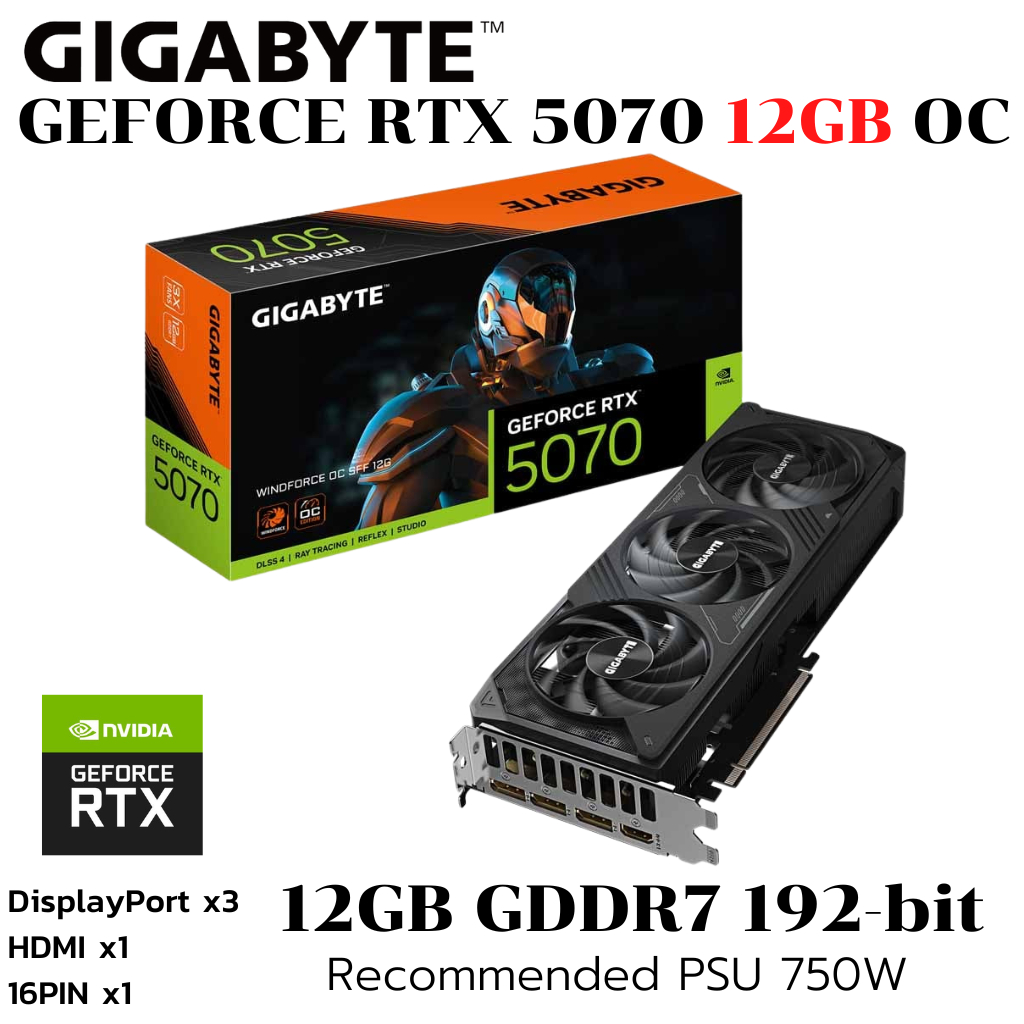 VGA (การ์ดแสดงผล) GIGABYTE GEFORCE RTX 5070 WINDFORCE OC SFF 12G - 12GB GDDR7