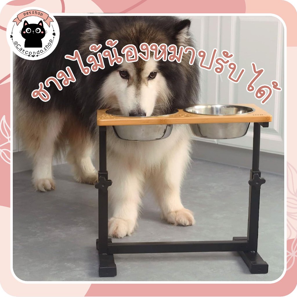 🌵 ชามไม้สุนัข (ปรับระดับ) ชามอาหารสุนัขปรับระดับได้ | ฐานไม้ ขาตั้งเหล็ก แข็งแรง | ปรับความสูงได้ 11.2–16 นิ้ว 🌵