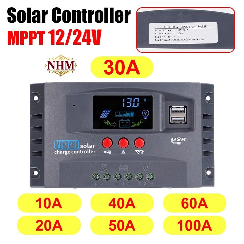 💜 ตัวควบคุมเครื่องชาร์จพลังงานแสงอาทิตย์ MPPT 30A/60A/100A เครื่องชาร์จพลังงานแสงอาทิตย์ 12V/24V