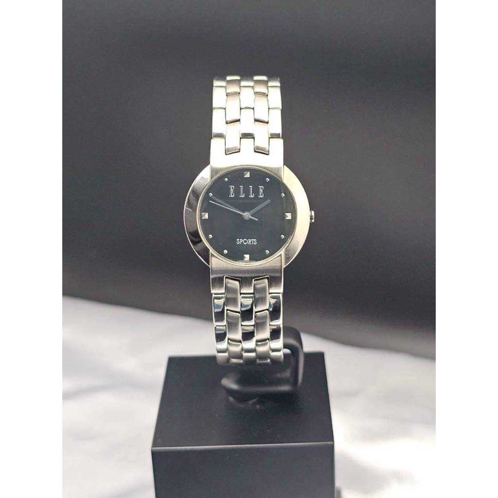 ELLE นาฬิกา ระบบควอตซ์ หน้าปัดดำ กล่องใบรับประกัน